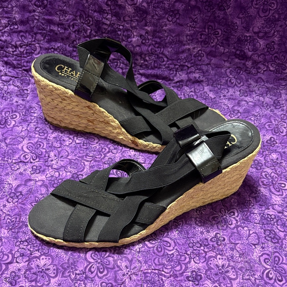 Chaps Black and Tan Wedge Sandals